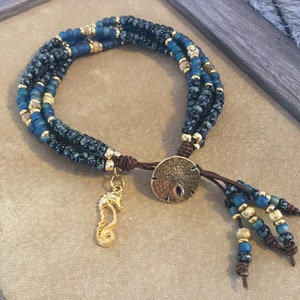 Multi strand leather bracelet, Gold sand dollar button, seahorse charm, Picasso glass seed beads, large wrist, wrap bracelet, boho gift