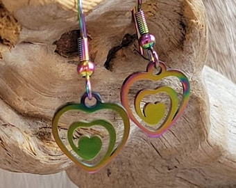 Tiny Rainbow Ionized Spiral Heart Earrings, multi color stainless steel hook earrings, laser cut steel, iridescent ombré triple heart charm