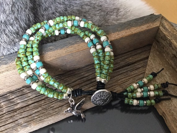Multi Strand Black Leather Boho Bracelet, Tree of Life Button