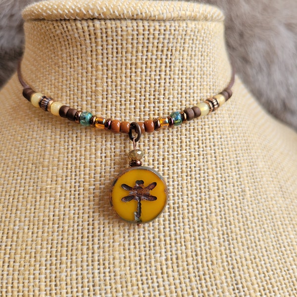 Adjustable Wax Cord Czech Glass Dragonfly Choker, dandelion yellow table cut, Picasso seed beads, totem choker, adjustable necklace men boho