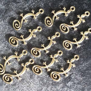 May include: Ten silver-toned metal lizard charms with a spiral design. Each charm has a jump ring for attaching to jewelry or other crafts.