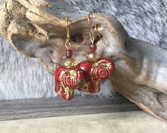 Boho Czech Red and Gold Elephant Drop Earrings, opaque red glass gold washed elephant with fire polished Czech bead and gold hooks