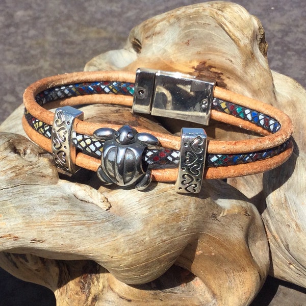 Multi Strand Turtle Leather Bracelet, stainless steel turtle bead, leather and cloth cords, boho ocean jewelry, men women teen,6.5-10 inches
