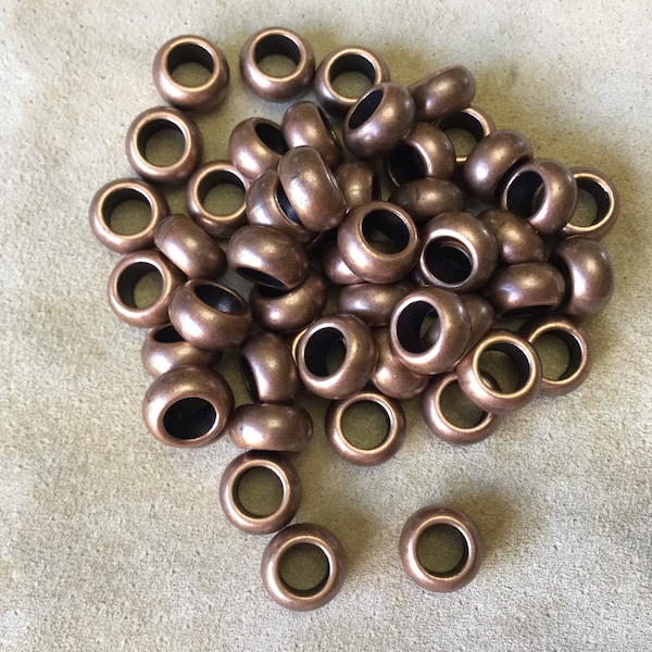 40 Large hole copper spacer beads, 10mm x 5mm, fits braided leather cord, paracord, destash, metal alloy