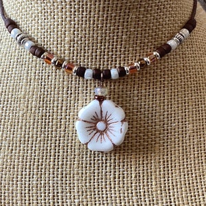 Adjustable cotton Cord Czech Glass Hibiscus Flower Choker, white and gold pressed glass, Picasso seed beads, adjustable necklace boho