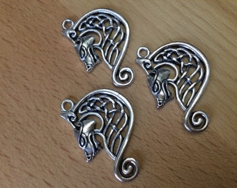 3 Piece Set of Celtic Design Wolf Pendants, silver alloy knot wolf charm, Norse wargs Fenrir, Geri, Freki, Hati, Skoll, destash