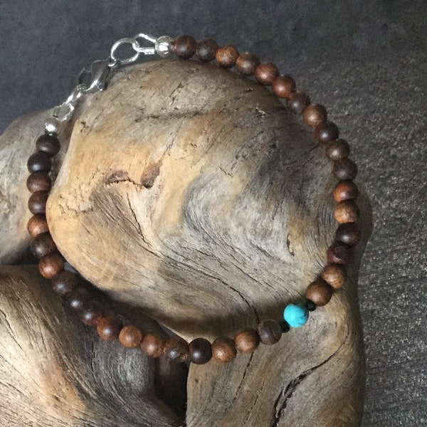 Natural Rosewood and Turquoise Beaded Bracelet, 4mm round wood turquoise nugget, stainless steel clasp, choose your size, gift for him her