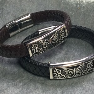 Wide Braided Leather Dragonfly Bracelet, stainless steel magnetic clasp, solid core bracelet men women, large wrist 8-10.5”, brown or black