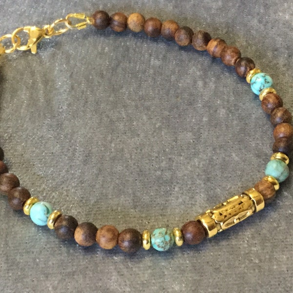 Natural Rosewood and Turquoise Beaded Bracelet, 4mm round wood turquoise nugget, gold plated stainless steel clasp, choose your size