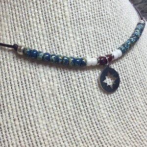 Adjustable Wax Cord Stainless Steel Star Charm Choker with Picasso seed beads, adjustable necklace, red, white, blue Patriotic