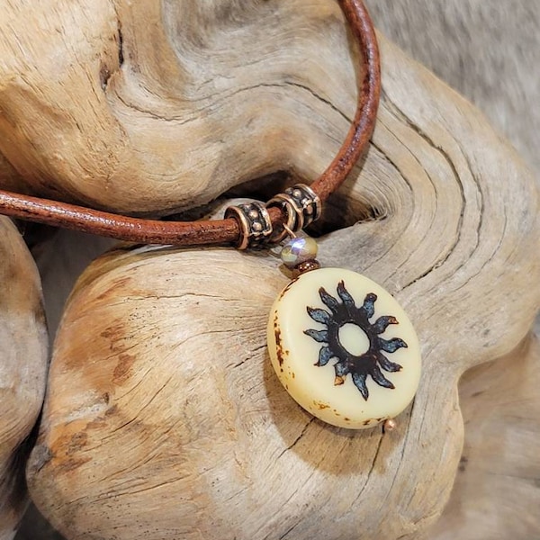 Czech Picasso Aged Bone Colored Glass Sun Boho Leather Necklace, burnt umber wash sun symbol, men or women choose your length and cord color