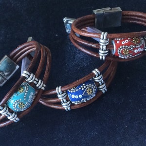 Multi strand Indonesian beaded leather bracelet, navy blue red turquoise, magnetic clasp, boho hippy ethnic, men women teens, 7-10 inch