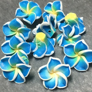 Set of 10 Polymer Clay Plumeria Flower Beads, ombré blue yellow and white dark blue green blossom beads, Hawaiian floral 15x10mm clay beads