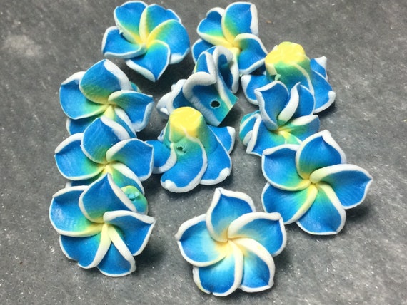 Set of 10 polymer clay plumeria flower beads ombré blue | Etsy