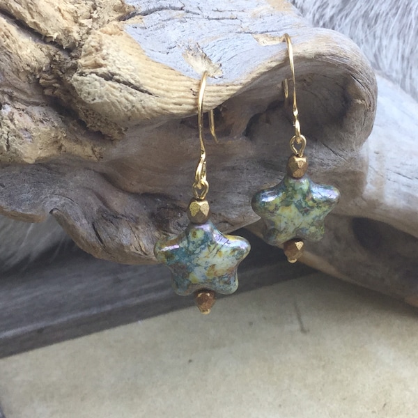 Boho Czech Marbled Glass Star Earrings, blue green and cream, drop earrings with fire polished Czech bead and gold plated hooks