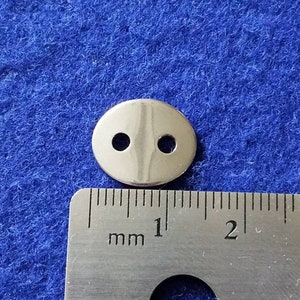 May include: A silver metal button with two holes. The button is 1 cm in diameter.