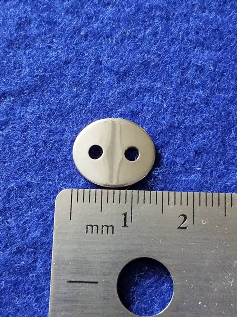 May include: A silver metal button with two holes. The button is 1 cm in diameter.