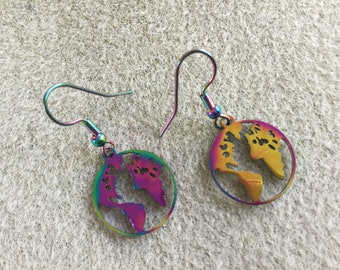 Tiny Rainbow Ionized Mother Earth Earrings, multi color stainless steel hook earrings, laser cut steel, iridescent ombré our world charms
