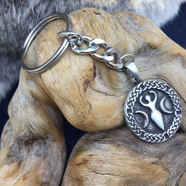 Moon Mother Goddess Keychain, Gaia Earth goddess, metal women's power keychain, pewter goddess key ring, wicca bohemian Celtic boho gift