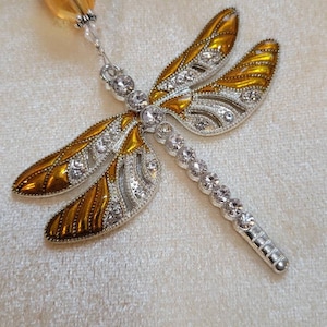 Rhinestone studded gold enameled dragonfly ornament, crystal and glass window hanger, Christmas decoration