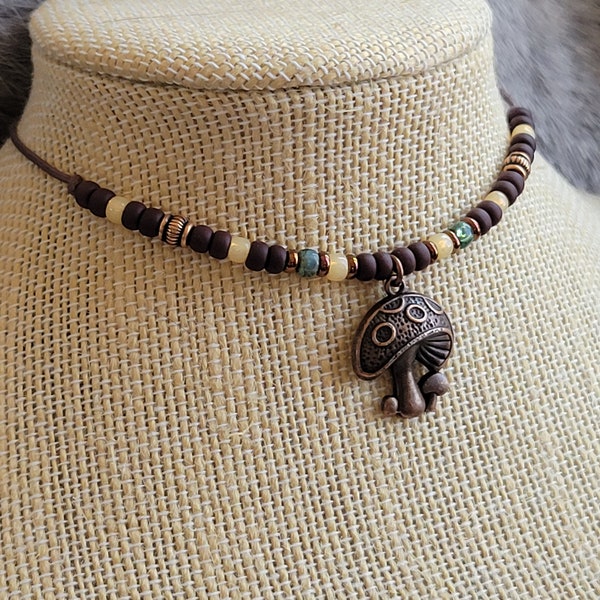 Adjustable Wax Cord Copper Mushroom Choker, copper alloy charm, chocolate  opalescent Picasso seed beads, shroom pendant, necklace men boho