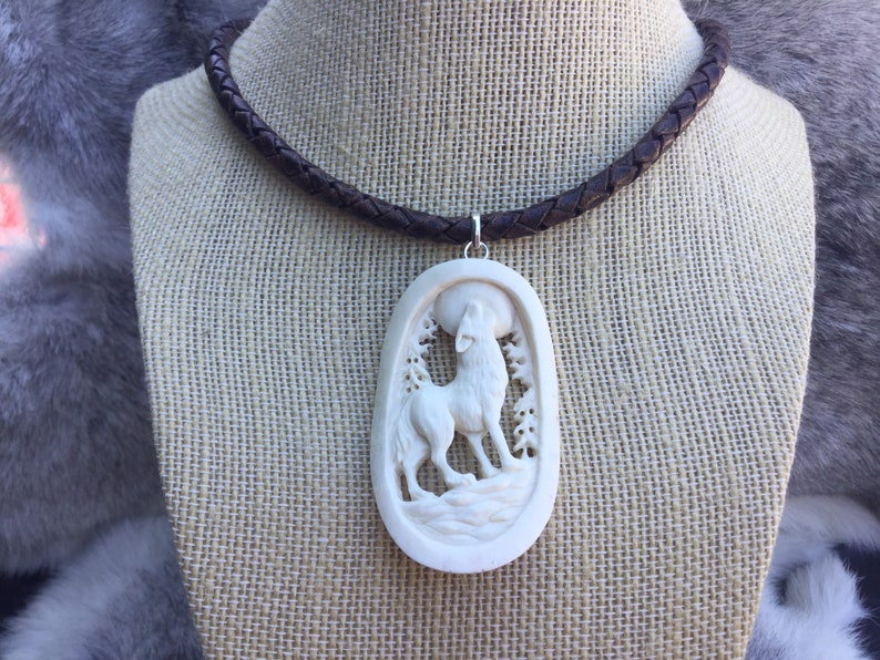 customize by cord color Hand carved bone wolf pendant on braided leather necklace length and pendant choice unique one of a kind gift