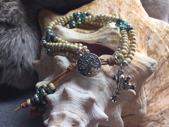 Multi Strand Tan Leather Boho Bracelet, Tree of Life Button, Frog 