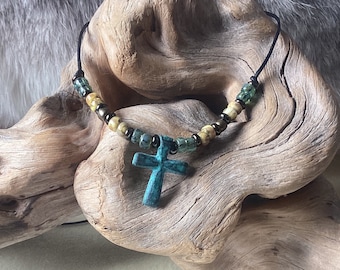 Adjustable Leather Oxidized Copper Cross Choker, seafoam antiqued bone Picasso seed beads, men's Native American boho western necklace