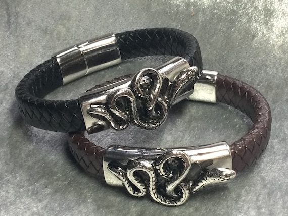 COOLSTEELANDBEYOND Braided Leather Bracelet For Men & Women - Magnetic Clasp, Black & White - View #3