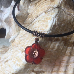 Crimson Hibiscus Leather Necklace: Czech Glass Flower Blossom Pendant