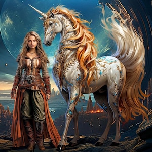 Padrão de companheiros de missão de menina e unicórnio compatível com PDF download digital instantâneo fantasia 18ct BW impressão de padrão colorido medieval