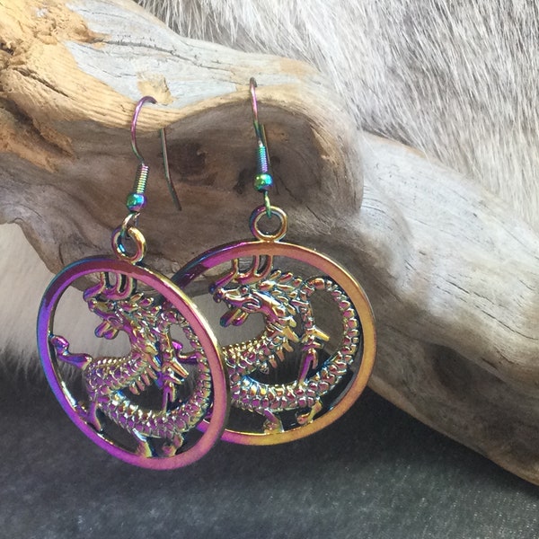 Rainbow Ionized Chinese Dragon Earrings, multi color wurm hook earrings, stainless steel ear hooks, iridescent ombré dragon charms