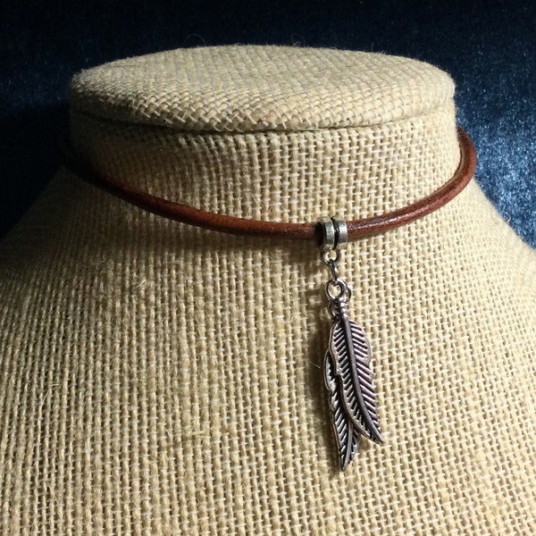 Two Feathers Charm Leather Choker Necklace, silver alloy feather pendant, choose from 3 cord colors & 11-22 inches men women kids teens boho