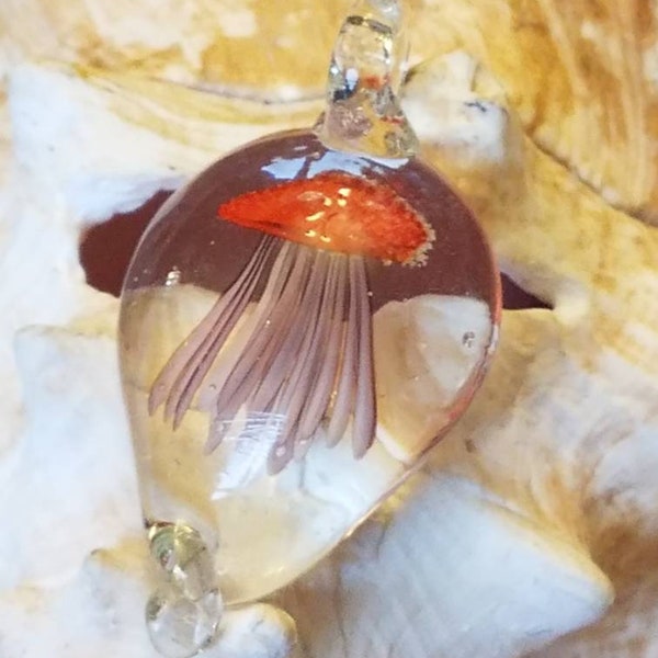 Luminescent, glow in the dark, Orange-Red, lampwork glass, jellyfish pendant, fused glass, orange, sea animal pendant
