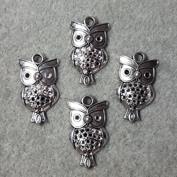10 or 20 pk Owl Charm Pendants, bird charm, rhinestone setting, antiqued silver, silver tone, zinc alloy, metal, destash