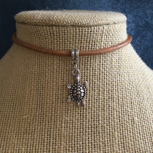 Sea Turtle Charm Leather Choker Necklace, tortoise silver alloy pendant, choose from 3 cord colors & 11-22 inches, men women kids teens boho