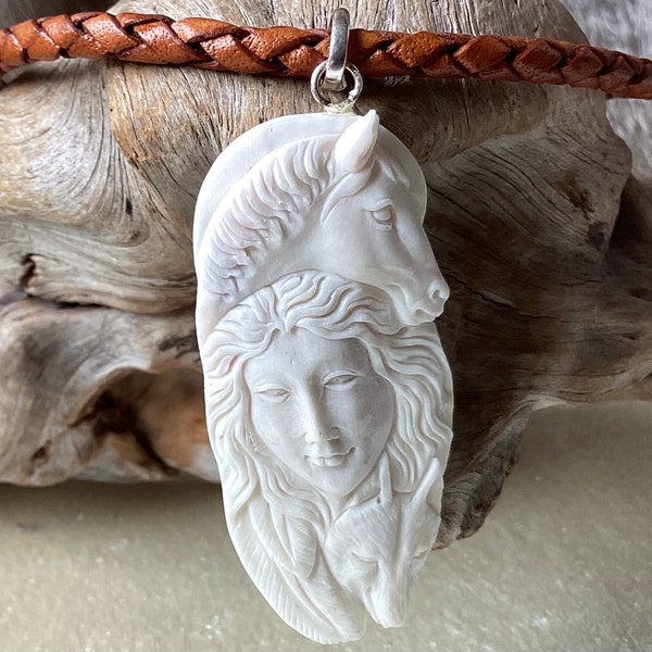 Hand carved bone Horse Goddess Epona pendant on braided leather necklace, customize cord color, length and pendant choice, unique gift