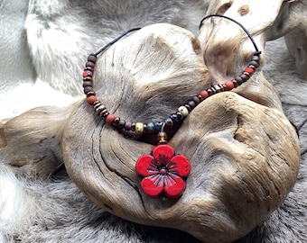 Hibiscus Flower Choker: Czech Glass, Picasso Seed Beads, Boho Necklace