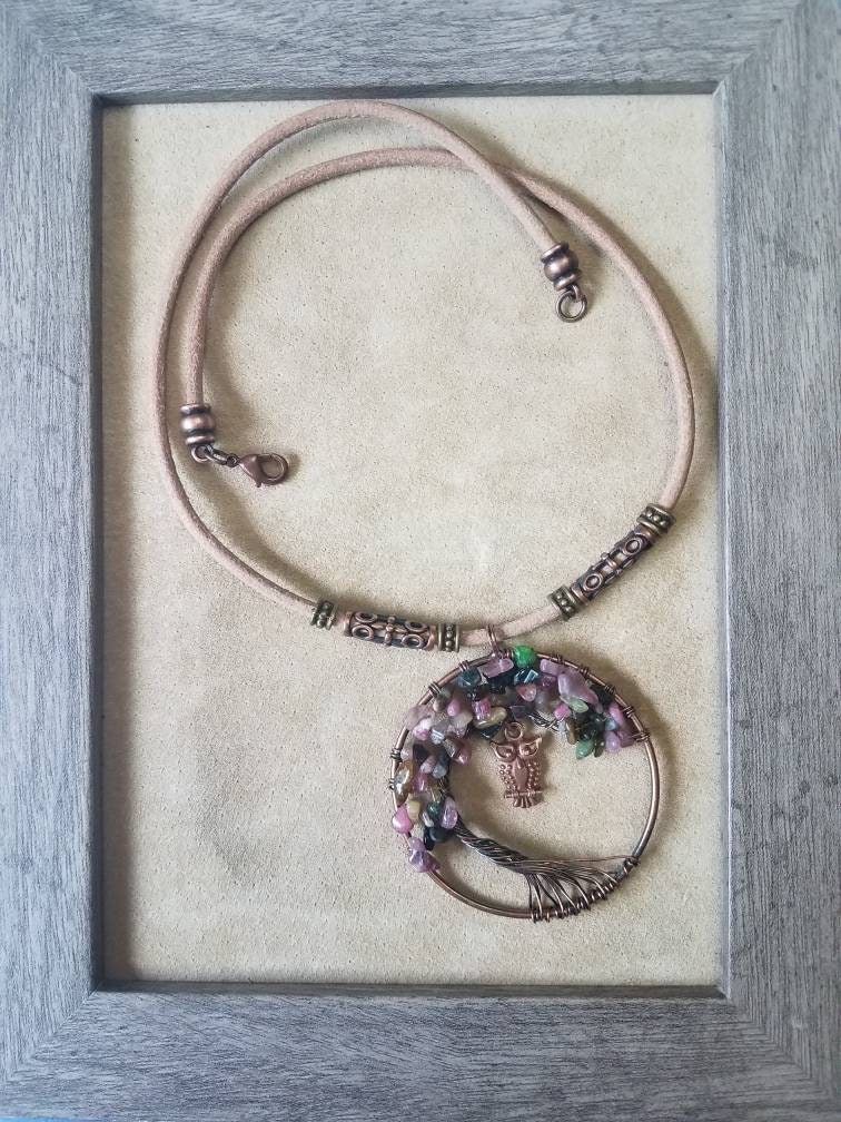 Tourmaline Tree of Life and Copper Owl Charm Leather Choker Necklace,choose your length 12-22 inches