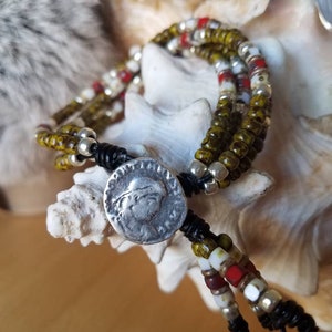 Multi Strand Leather Seed Beaded Bracelet, Silver Roman Coin Button, Glass Picasso Beads, Boho gift