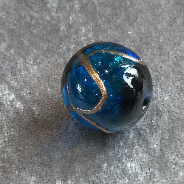 20mm sapphire blue, black and goldsand lampwork bead, large round lamp work gold sand bead