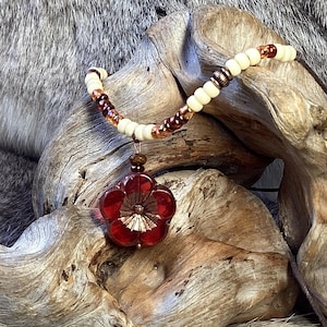 Adjustable Wax Cord Czech Glass Hibiscus Flower Choker, crimson red table cut, Picasso seed beads, adjustable necklace boho