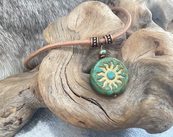 Czech picasso turquoise green glass sun boho leather necklace, gold wash sun symbol, men or women choose your length and cord color