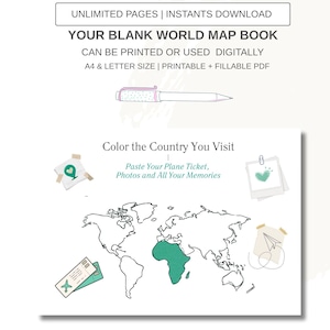 Personalised Travel Memory Book for Travelers | Printable World Map to Color & Add Photos | Travel Journal PDF | Printable Blank World Map