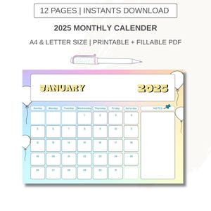 Calendario mensual personalizado 2025 / Tamaño A4 y carta / Páginas de planificador con pegatinas / Calendario imprimible personalizado para notas y objetivos diarios