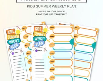 Kids Summer Weekly Planner: Editable Schedule, Screen Time Checklist (PDF Printable)