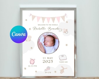 Personalized Baby Girl Birth Stats Print | Nursery Decor (Canva Editable, Instant Download)