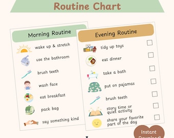May include: A printable Morning & Evening Routine Chart with a light green and tan color scheme. The chart includes illustrated tasks like brushing teeth and eating dinner. The text "Morning & Evening Routine Chart" is at the top.