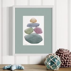 Whispering Sands - stacked stones watercolor giclee print - Lake Superior beach stones - zen balance stones - rock stack - beach decor
