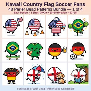 Op de afbeelding: Een digitaal pakket van 48 Kawaii Country Flag Soccer Fans strijkkralenpatronen, 1 van 4. Het raster toont 12 kleurrijke illustraties van karakters en shirts met vlaggen uit de VS, Brazilië, Duitsland en Engeland in 29x29 en 50x50 formaten.